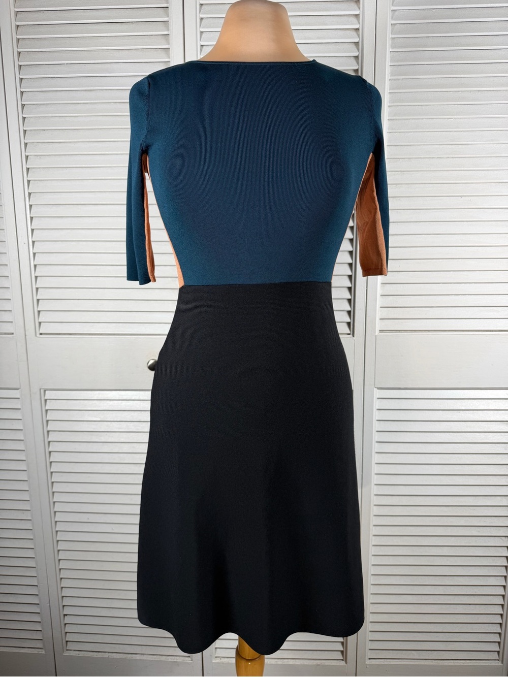 COS XS Colorblock Knit Fit & Flare Dress Teal Black Camel 3/4 Sleeve